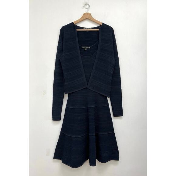 Ralph Lauren Black Label Textured Knit Fit and Flare Dress Cardigan Set Navy S/M - Picture 2 of 15